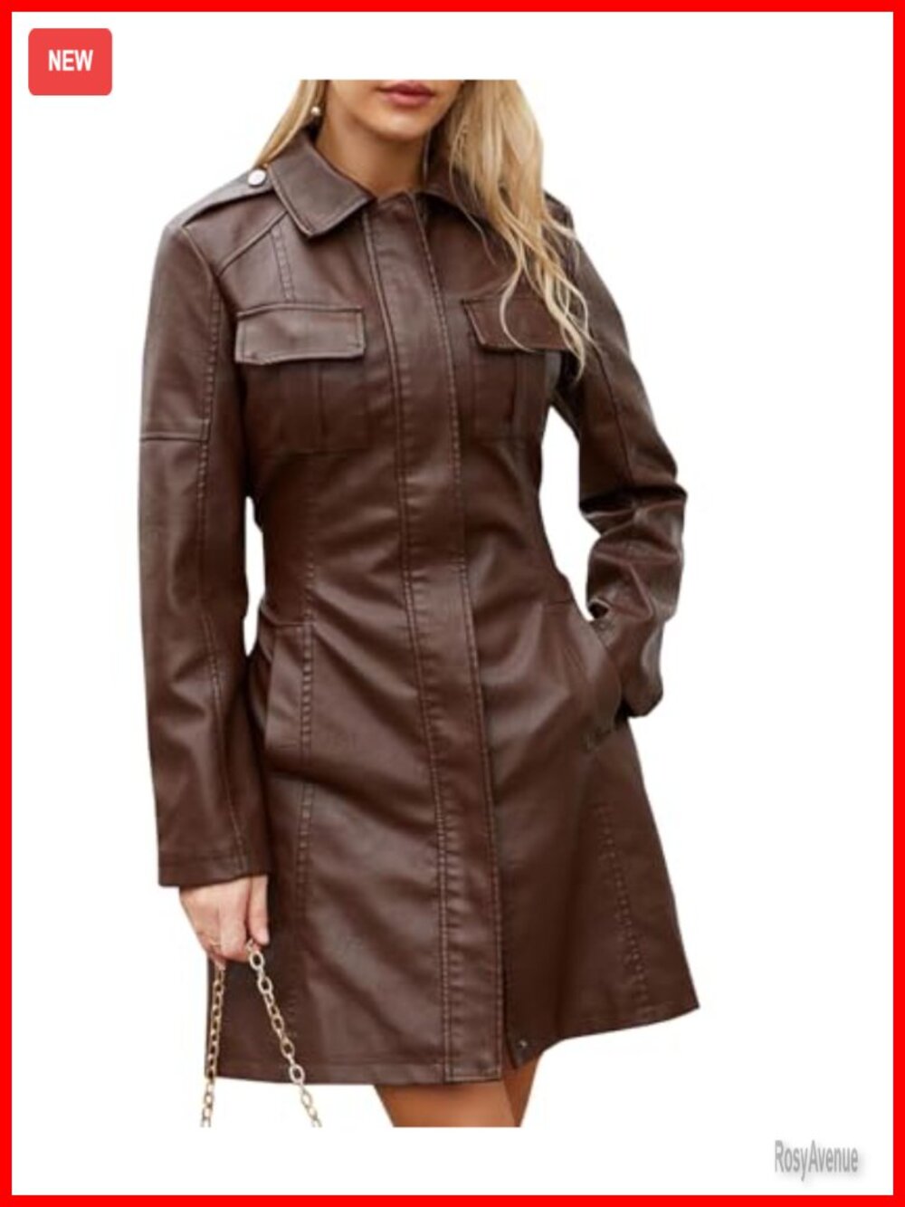 Women's Faux PU Leather Trench Coat Mid Length Zip Up Belted Overcoat